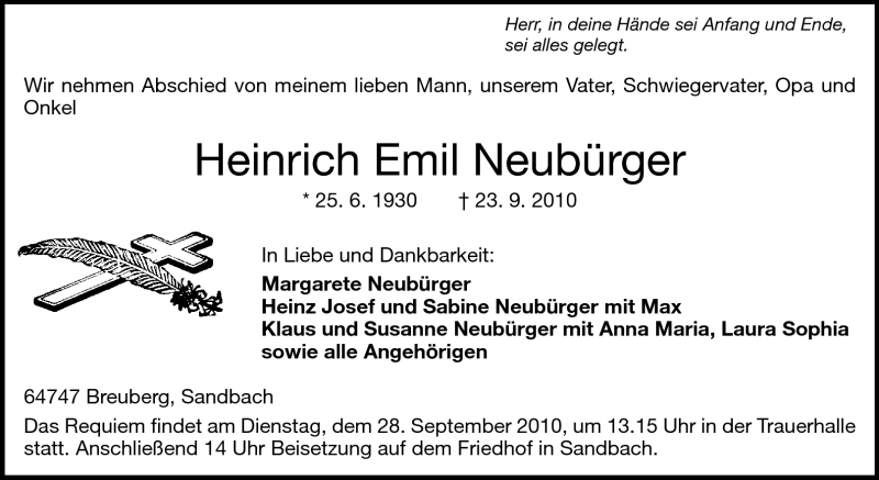  Traueranzeige für Heinrich Emil Neubürger vom 25.09.2010 aus Odenwälder Echo