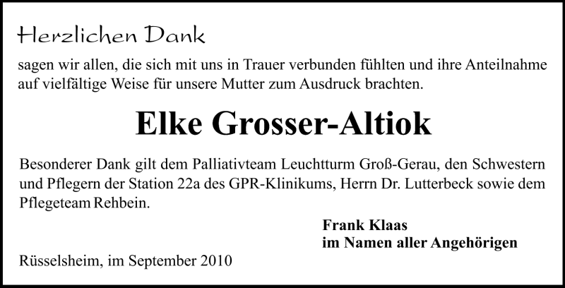  Traueranzeige für Elke Grosser-Altiok vom 25.09.2010 aus Rüsselsheimer Echo, Groß-Gerauer-Echo, Ried Echo