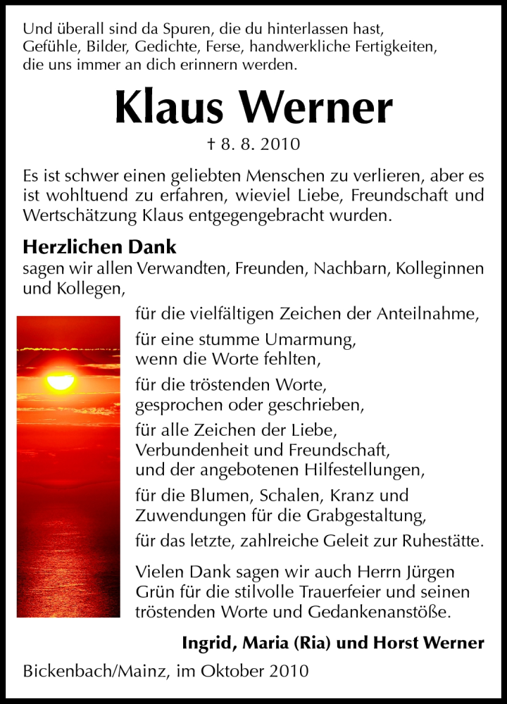  Traueranzeige für Klaus Werner vom 02.10.2010 aus Echo-Zeitungen (Gesamtausgabe)