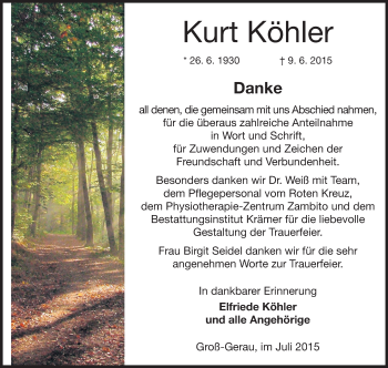 Traueranzeige von Kurt Köhler von Rüsselsheimer Echo, Groß-Gerauer-Echo, Ried Echo