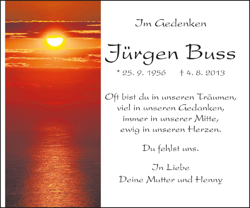  Traueranzeige für Jürgen Buss vom 04.08.2015 aus Darmstädter Echo