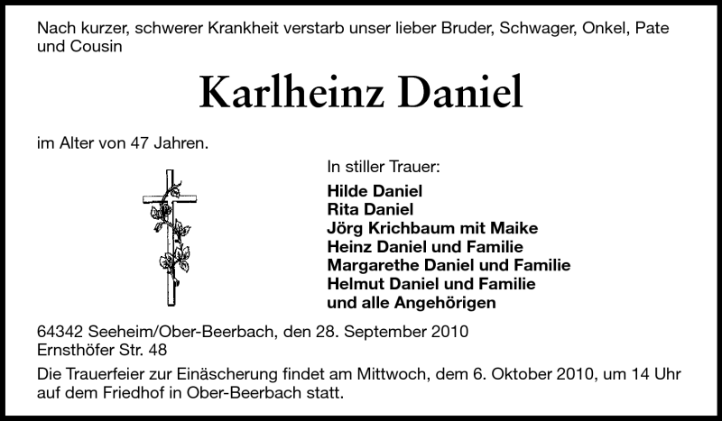  Traueranzeige für Karlheinz Daniel vom 01.10.2010 aus Echo-Zeitungen (Gesamtausgabe)