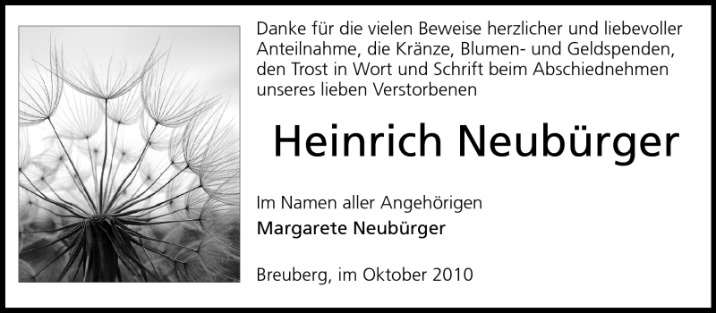  Traueranzeige für Heinrich Emil Neubürger vom 09.10.2010 aus Odenwälder Echo