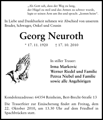 Traueranzeige von Georg Neuroth von Darmstädter Echo, Odenwälder Echo, Rüsselsheimer Echo, Groß-Gerauer-Echo, Ried Echo