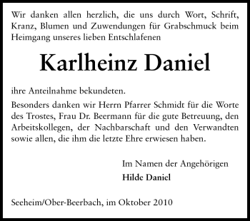 Traueranzeige von Karlheinz Daniel von Echo-Zeitungen (Gesamtausgabe)