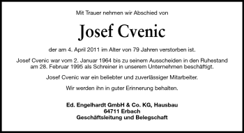 Traueranzeige von Josef Cvenic von Odenwälder Echo