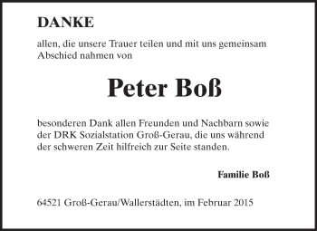 Traueranzeige von Peter Boß von Rüsselsheimer Echo, Groß-Gerauer-Echo, Ried Echo