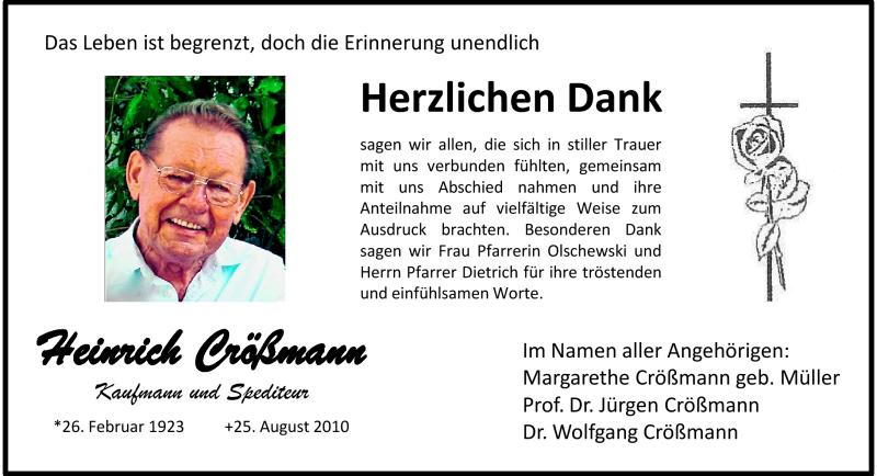  Traueranzeige für Heinrich Crößmann vom 23.10.2010 aus Echo-Zeitungen (Gesamtausgabe)
