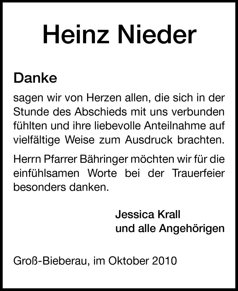  Traueranzeige für Heinz Nieder vom 23.10.2010 aus Echo-Zeitungen (Gesamtausgabe)