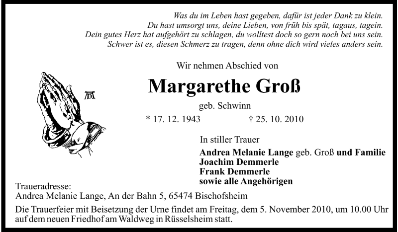  Traueranzeige für Margarethe Groß vom 30.10.2010 aus Rüsselsheimer Echo, Groß-Gerauer-Echo, Ried Echo