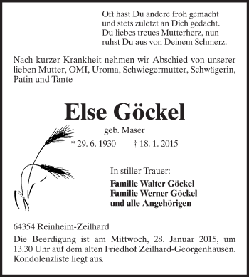 Traueranzeige von Else Göckel von Echo-Zeitungen (Gesamtausgabe)