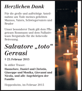 Traueranzeige von Salvatore Gervasi von Starkenburger Echo
