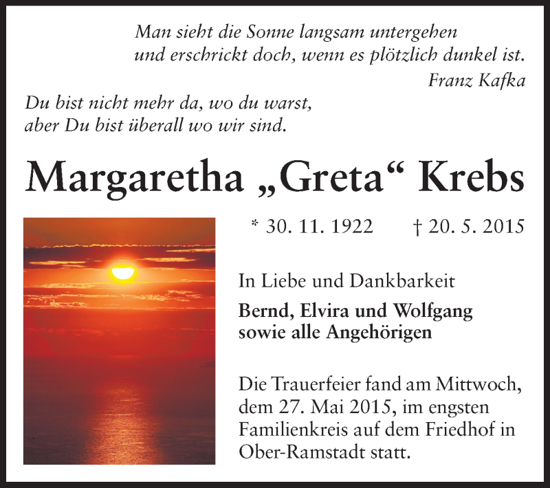  Traueranzeige für Margaretha Krebs vom 30.05.2015 aus Echo-Zeitungen (Gesamtausgabe)