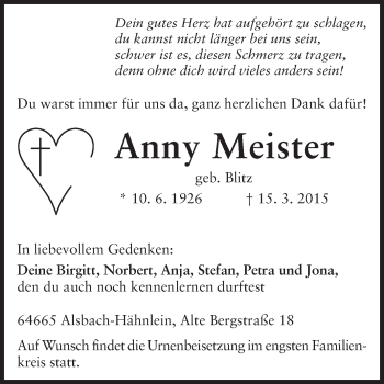 Traueranzeige von Anny Meister von Echo-Zeitungen (Gesamtausgabe)