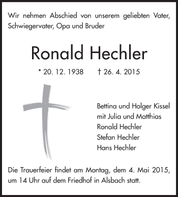 Traueranzeige von Ronald Hechler von Echo-Zeitungen (Gesamtausgabe)