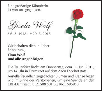 Traueranzeige von Gisela Wolf von Echo-Zeitungen (Gesamtausgabe)