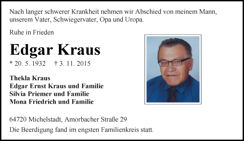  Traueranzeige für Edgar Kraus vom 14.11.2015 aus trauer.echo-online.de