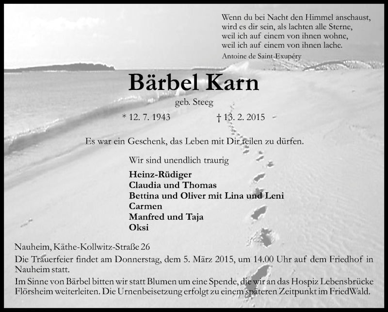  Traueranzeige für Bärbel Karn vom 28.02.2015 aus Rüsselsheimer Echo, Groß-Gerauer-Echo, Ried Echo