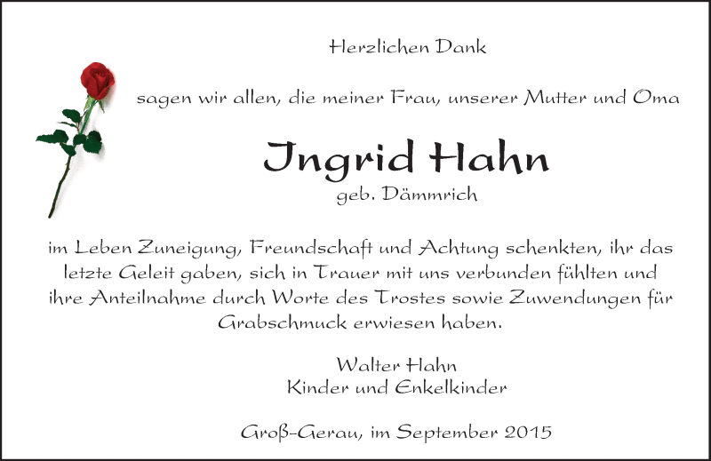  Traueranzeige für Ingrid Hahn vom 05.09.2015 aus trauer.echo-online.de
