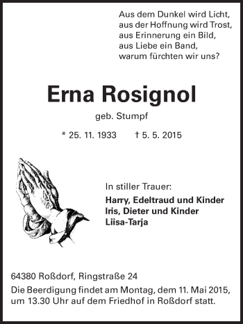 Traueranzeige von Erna Rosignol von Echo-Zeitungen (Gesamtausgabe)