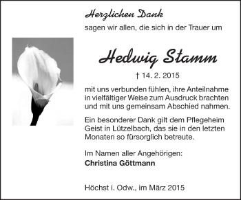 Traueranzeige von Hedwig Stamm von Echo-Zeitungen (Gesamtausgabe)