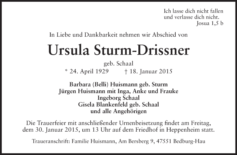  Traueranzeige für Ursula Sturm-Drissner vom 28.01.2015 aus Starkenburger Echo