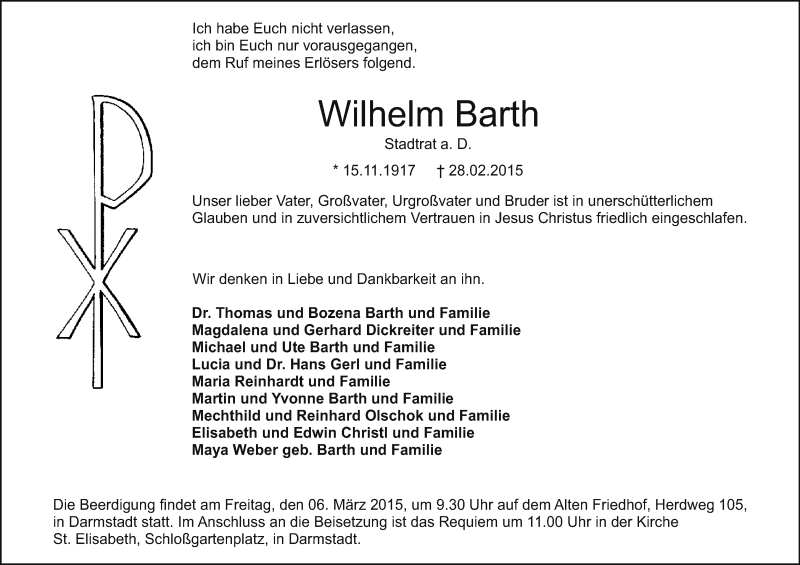  Traueranzeige für Wilhelm Barth vom 04.03.2015 aus Echo-Zeitungen (Gesamtausgabe)