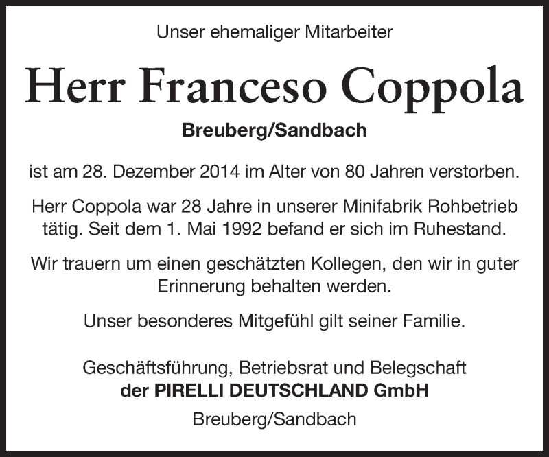  Traueranzeige für Franceso Coppola vom 29.01.2015 aus Odenwälder Echo