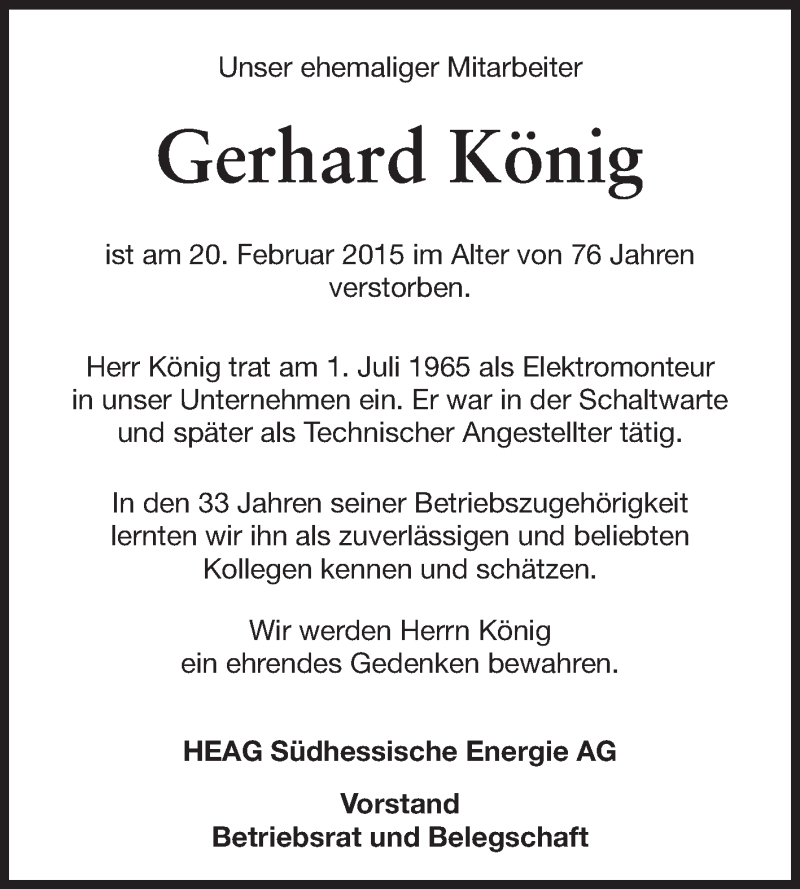  Traueranzeige für Gerhard König vom 28.02.2015 aus Echo-Zeitungen (Gesamtausgabe)