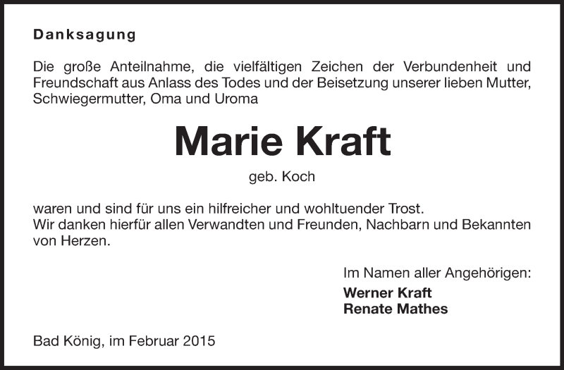  Traueranzeige für Marie Kraft vom 25.02.2015 aus Odenwälder Echo