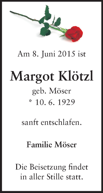 Traueranzeige von Margot Klötzl von Echo-Zeitungen (Gesamtausgabe)