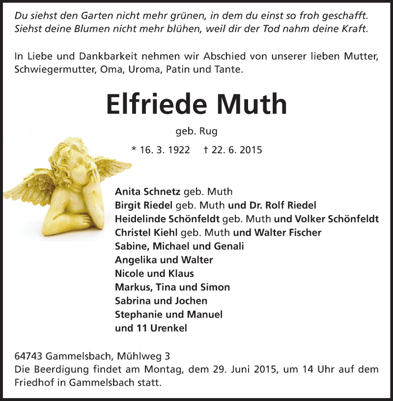  Traueranzeige für Elfriede Muth vom 26.06.2015 aus Odenwälder Echo