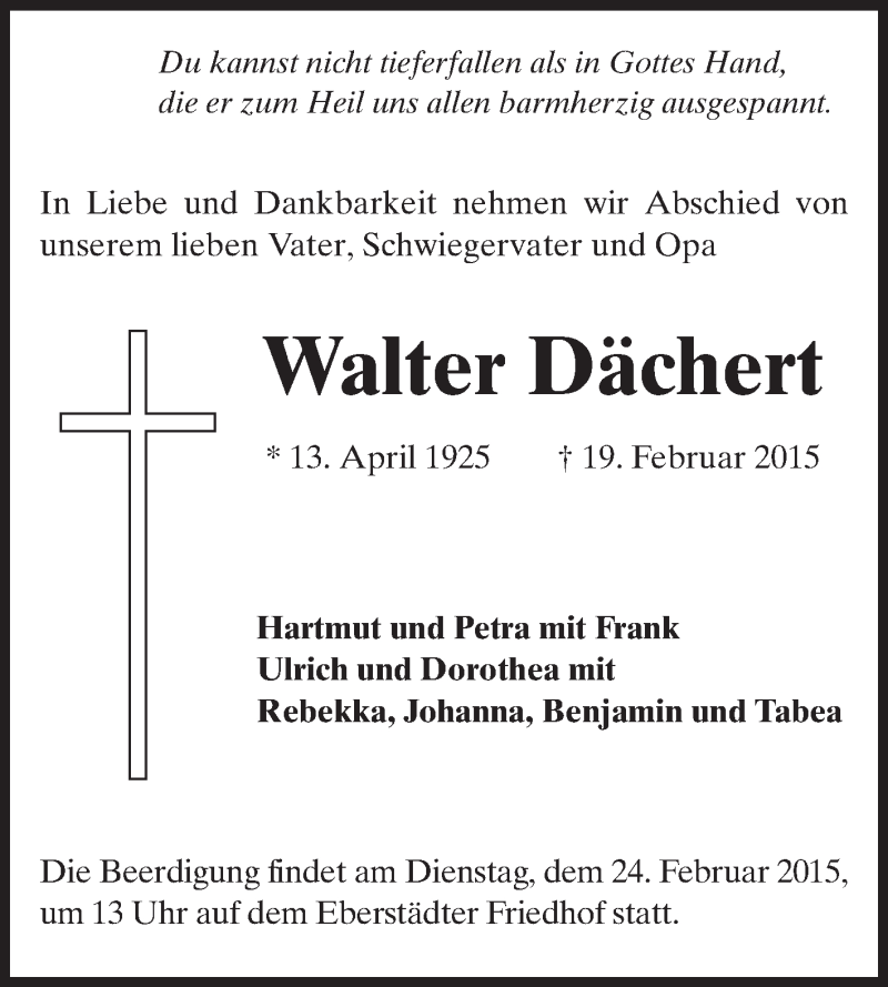  Traueranzeige für Walter Dächert vom 21.02.2015 aus Echo-Zeitungen (Gesamtausgabe)