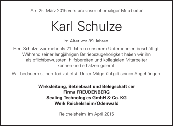 Traueranzeige von Karl Schulze von Odenwälder Echo