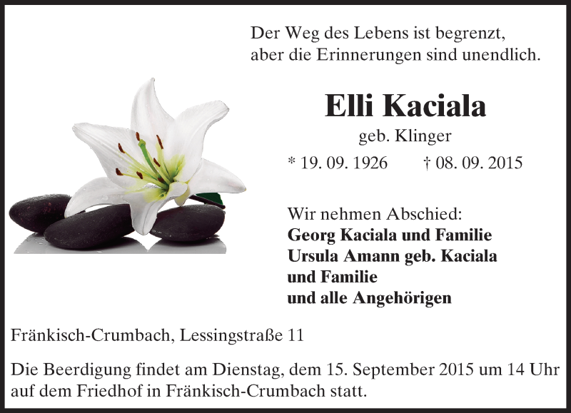  Traueranzeige für Elli Kaciala vom 11.09.2015 aus trauer.echo-online.de