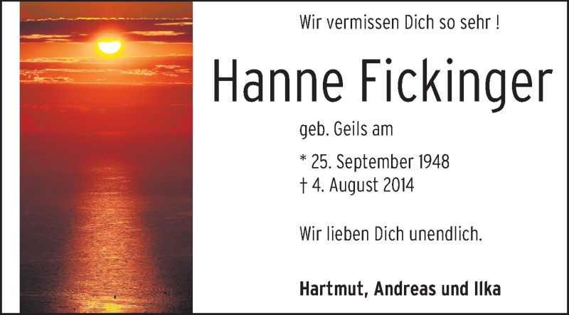  Traueranzeige für Hanne Fickinger vom 08.06.2015 aus Rüsselsheimer Echo, Groß-Gerauer-Echo, Ried Echo