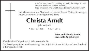 Traueranzeige von Christa Arndt von Rüsselsheimer Echo, Groß-Gerauer-Echo, Ried Echo