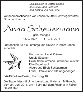 Traueranzeige von Anna Scheuermann von Odenwälder Echo