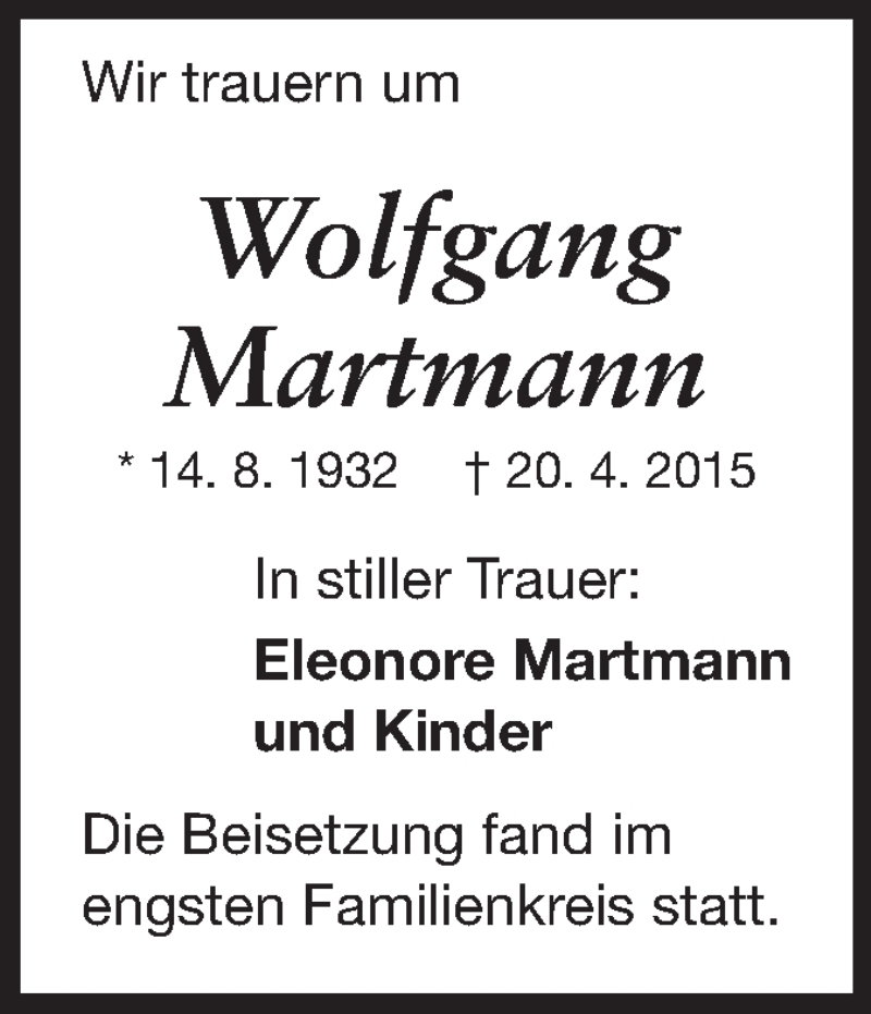  Traueranzeige für Wolfgang Martmann vom 23.05.2015 aus Echo-Zeitungen (Gesamtausgabe)