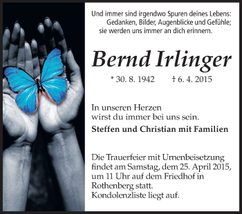 Traueranzeige von Bernd Irlinger von Odenwälder Echo