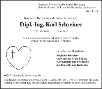 Traueranzeige von Karl Schreiner von Echo-Zeitungen (Gesamtausgabe)