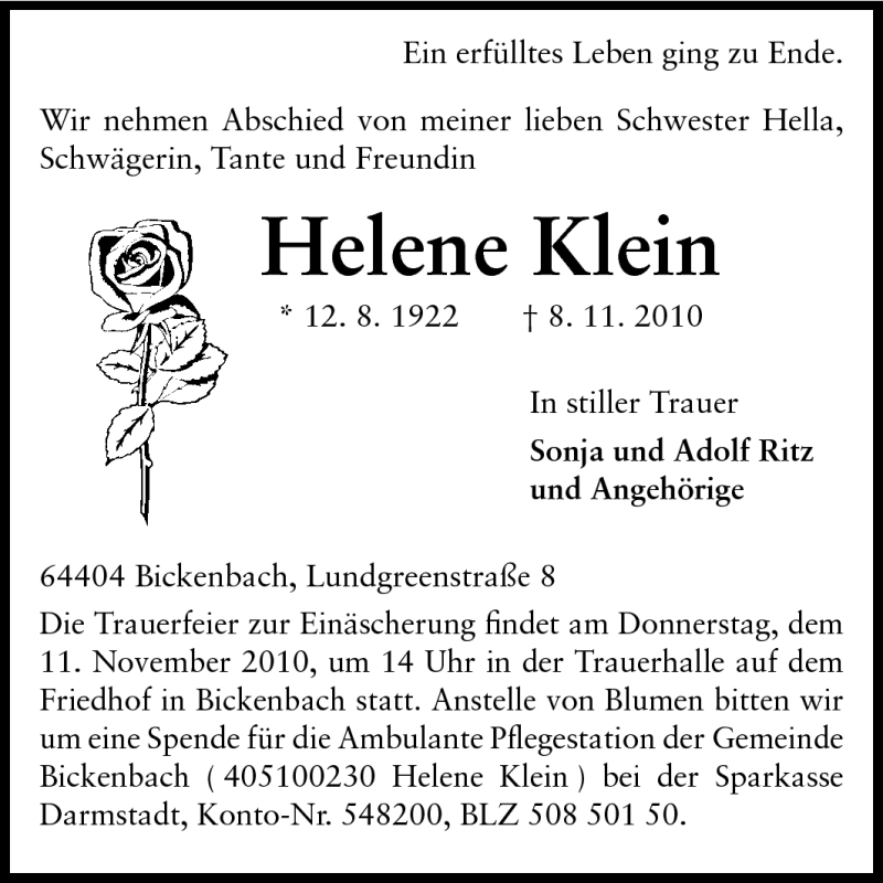  Traueranzeige für Helene Klein vom 10.11.2010 aus Echo-Zeitungen (Gesamtausgabe)