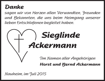Traueranzeige von Sieglinde Ackermann von Echo-Zeitungen (Gesamtausgabe)