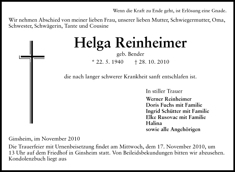  Traueranzeige für Helga Reinheimer vom 13.11.2010 aus Rüsselsheimer Echo, Groß-Gerauer-Echo, Ried Echo