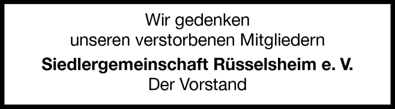  Traueranzeige für Mitglieder Siedlergemeinschaft Rüsselsheim vom 20.11.2010 aus Rüsselsheimer Echo, Groß-Gerauer-Echo, Ried Echo