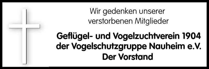 Traueranzeige für Mitglieder Vogelschutzgruppe Nauheim vom 20.11.2010 aus Rüsselsheimer Echo, Groß-Gerauer-Echo, Ried Echo