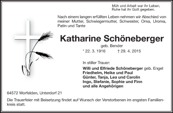 Traueranzeige von Katharine Schöneberger von Rüsselsheimer Echo, Groß-Gerauer-Echo, Ried Echo