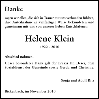 Traueranzeige von Helene Klein von Echo-Zeitungen (Gesamtausgabe)