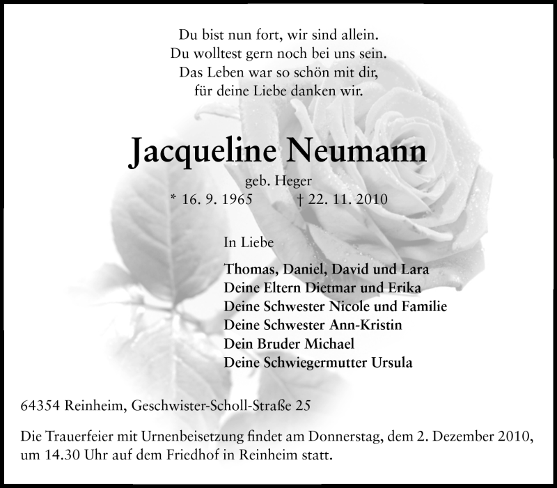  Traueranzeige für Jacqueline Neumann vom 29.11.2010 aus Darmstädter Echo, Odenwälder Echo, Rüsselsheimer Echo, Groß-Gerauer-Echo, Ried Echo