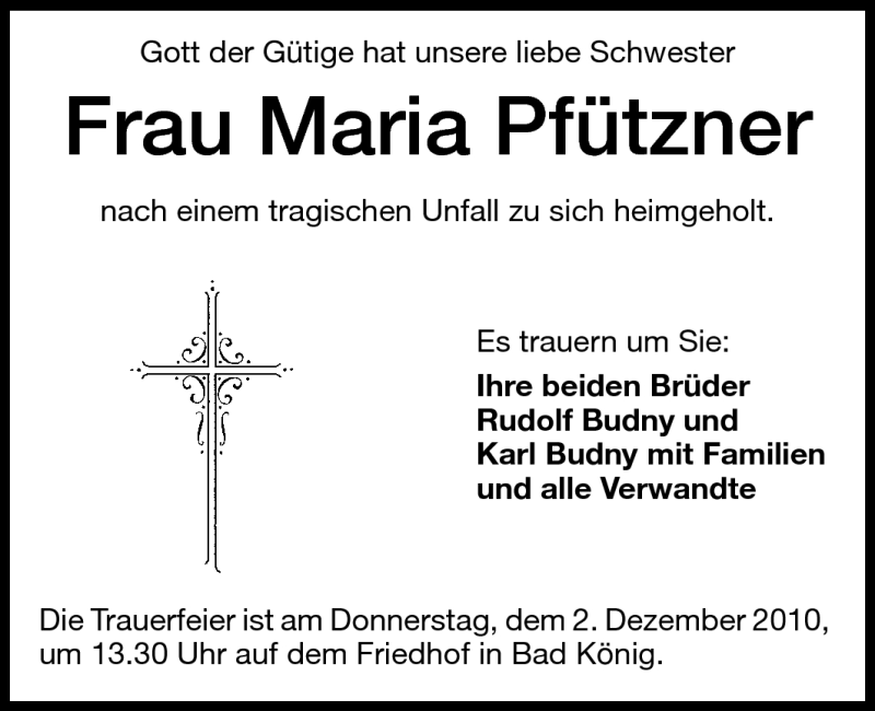  Traueranzeige für Maria Pfützner vom 30.11.2010 aus Odenwälder Echo